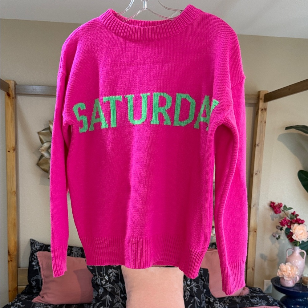 English Factory Bright Pink Sweater with Green Lettering - Picture 2 of 4